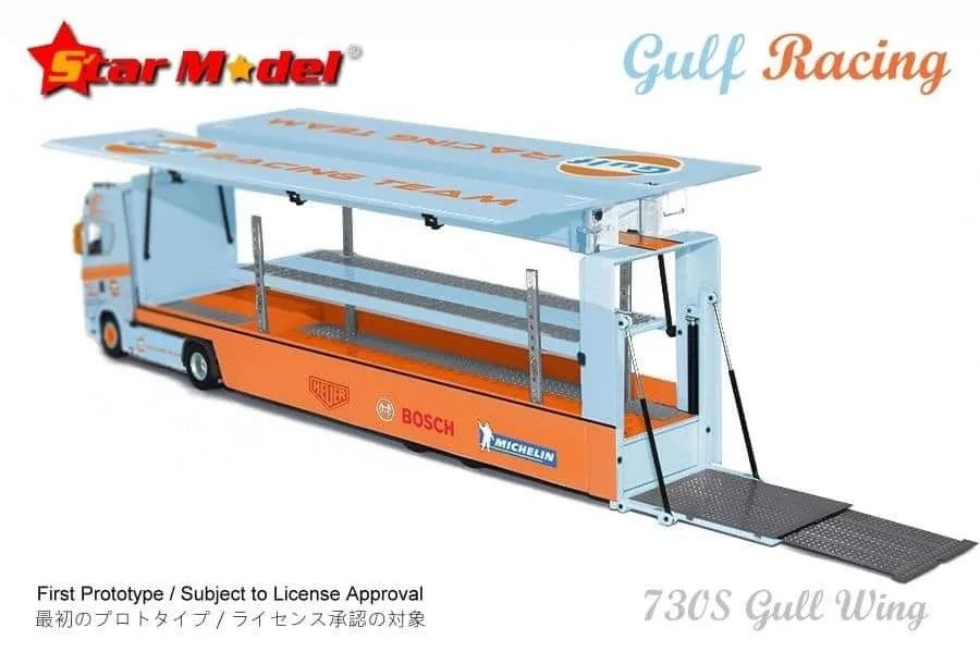Star Model 1/64 Scania V8 730S Double Decker Gullwing Transporter Loader in Gulf Livery