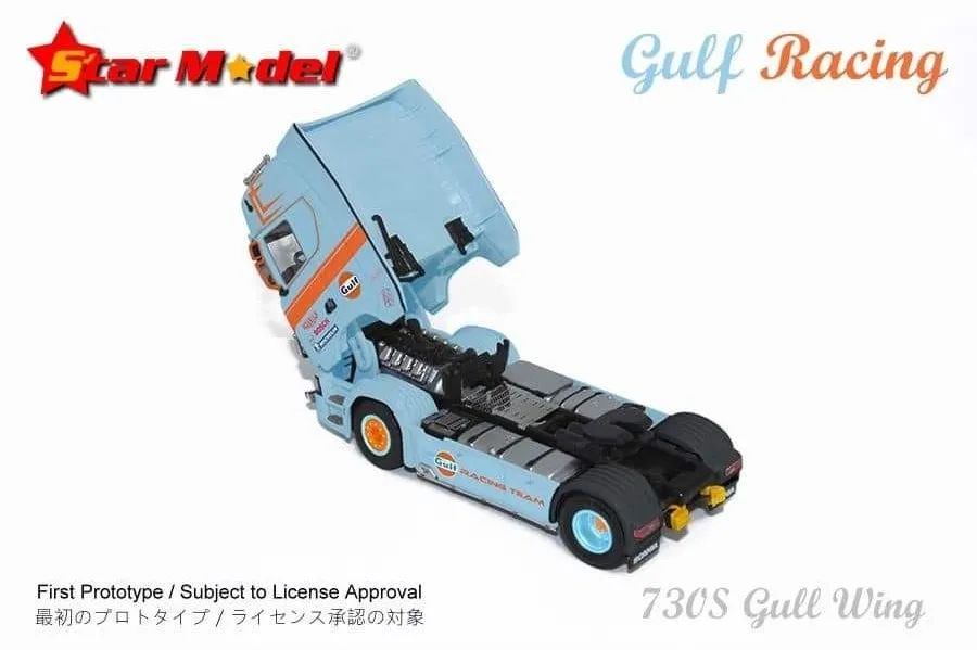 Star Model 1/64 Scania V8 730S Double Decker Gullwing Transporter Loader in Gulf Livery