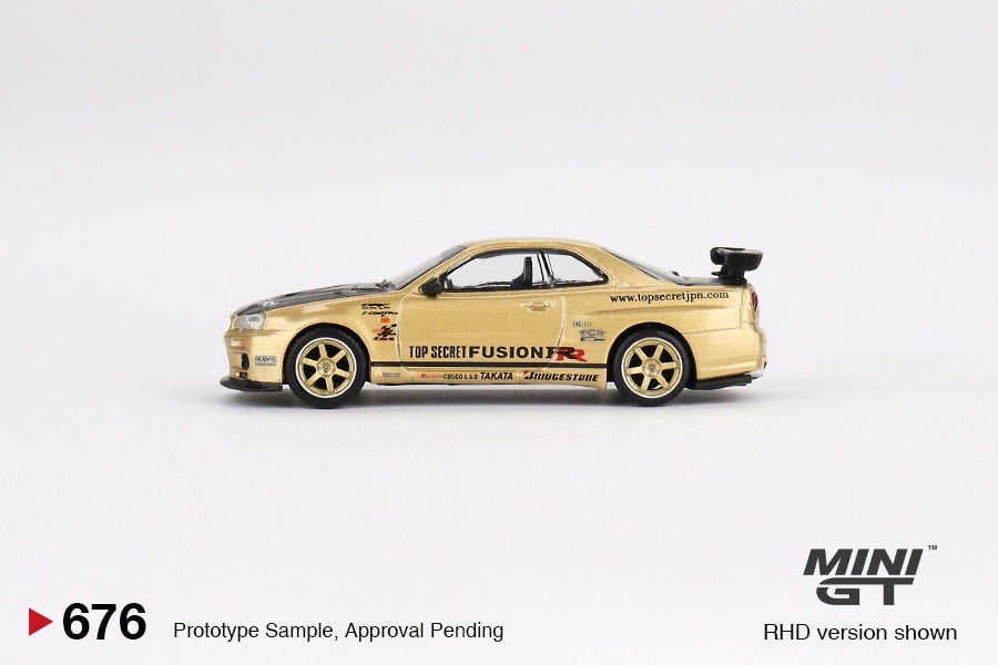 Mini GT Japan Exclusive Top Secret Nissan Skyline GT-R (R34) in Top Secret Gold – RHD