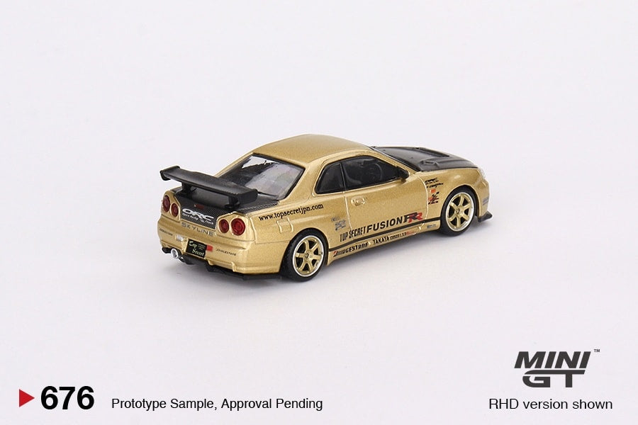 Mini GT Japan Exclusive Top Secret Nissan Skyline GT-R (R34) in Top Secret Gold – RHD