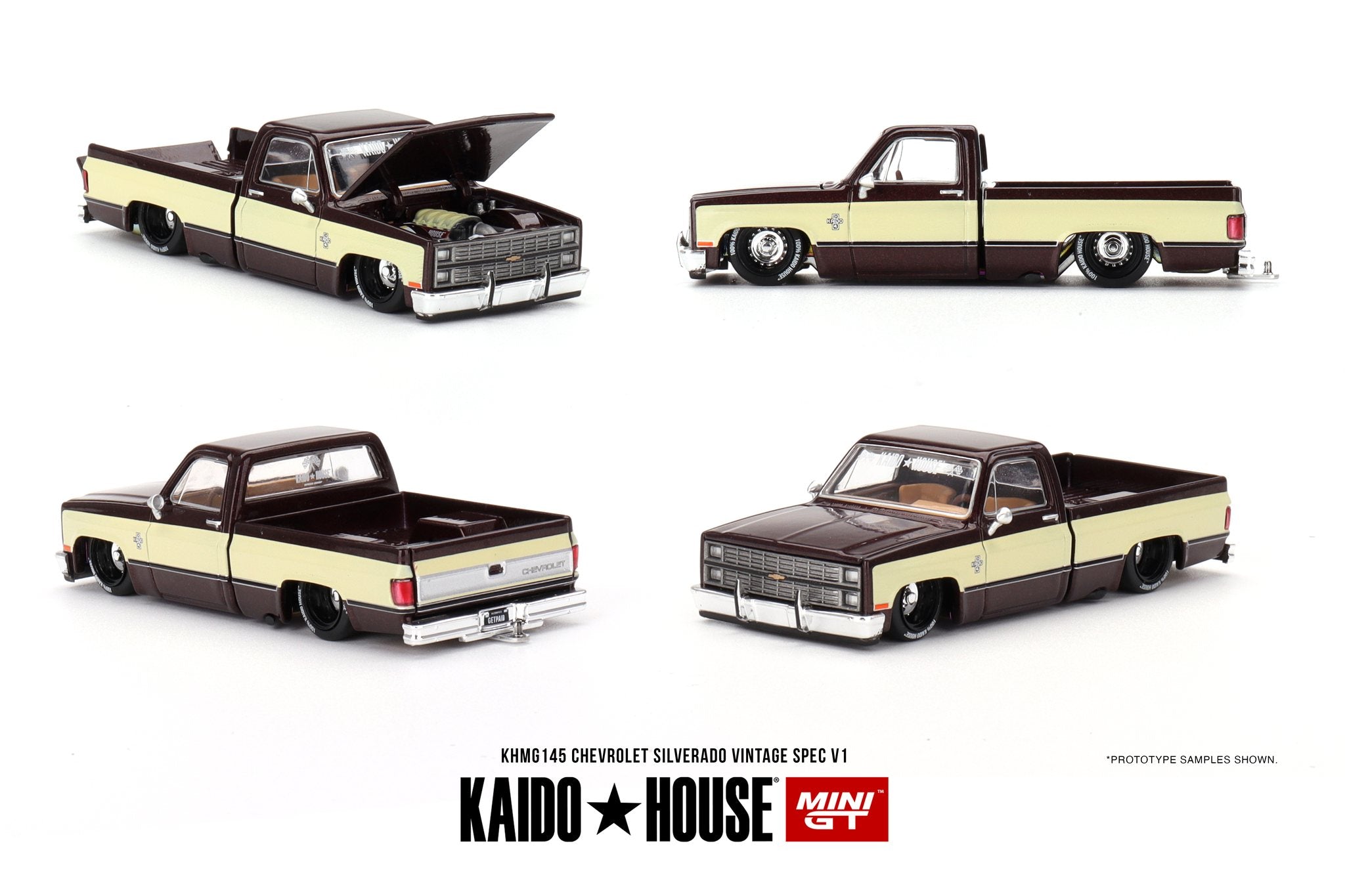 MINI GT X KAIDO HOUSE KHMG127 - Chevy Silverado Dually 1983 "On Fire" V1 | 1:64 Diecast Sigillato