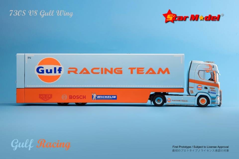 Star Model 1/64 Scania V8 730S Double Decker Gullwing Transporter Loader in Gulf Livery