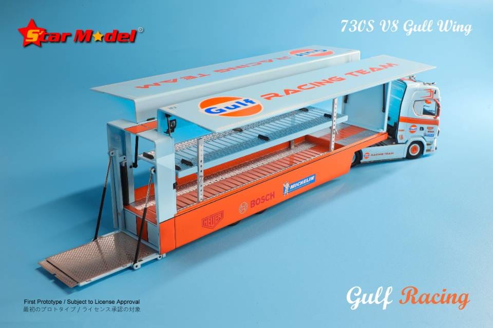 Star Model 1/64 Scania V8 730S Double Decker Gullwing Transporter Loader in Gulf Livery