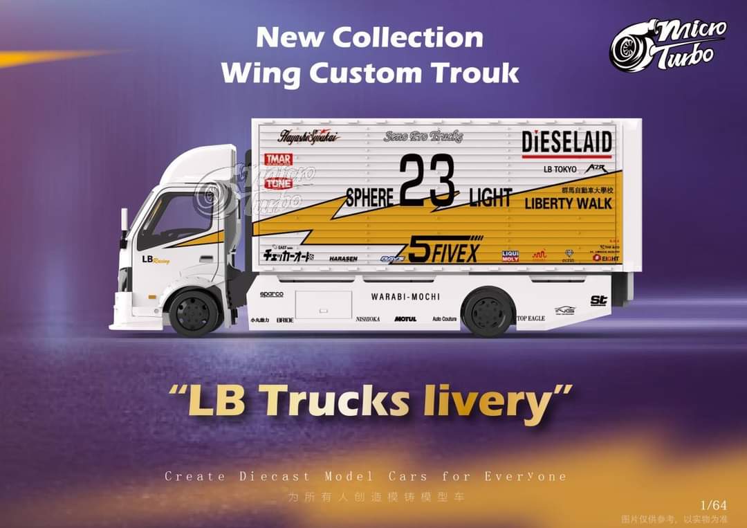 Micro Turbo 1/64 Hino 300 Gullwing Custom Truck in LBWK Silhouette Livery White/Yellow
