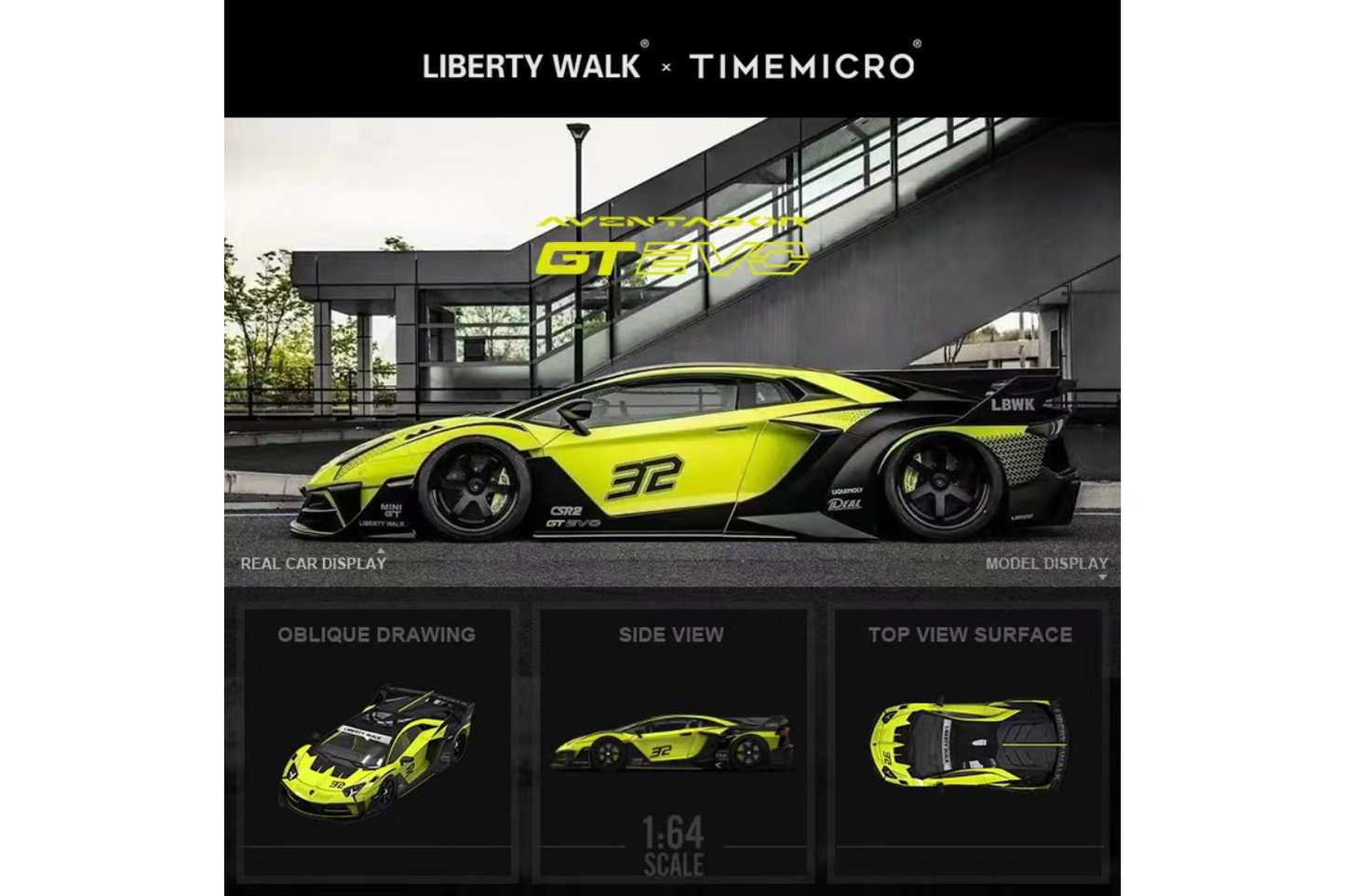 Time Micro 1/64  LBWK LB-Silhouette WORKS Lamborghini Aventador GT Evo LP700-4 in Lemon Yellow #32