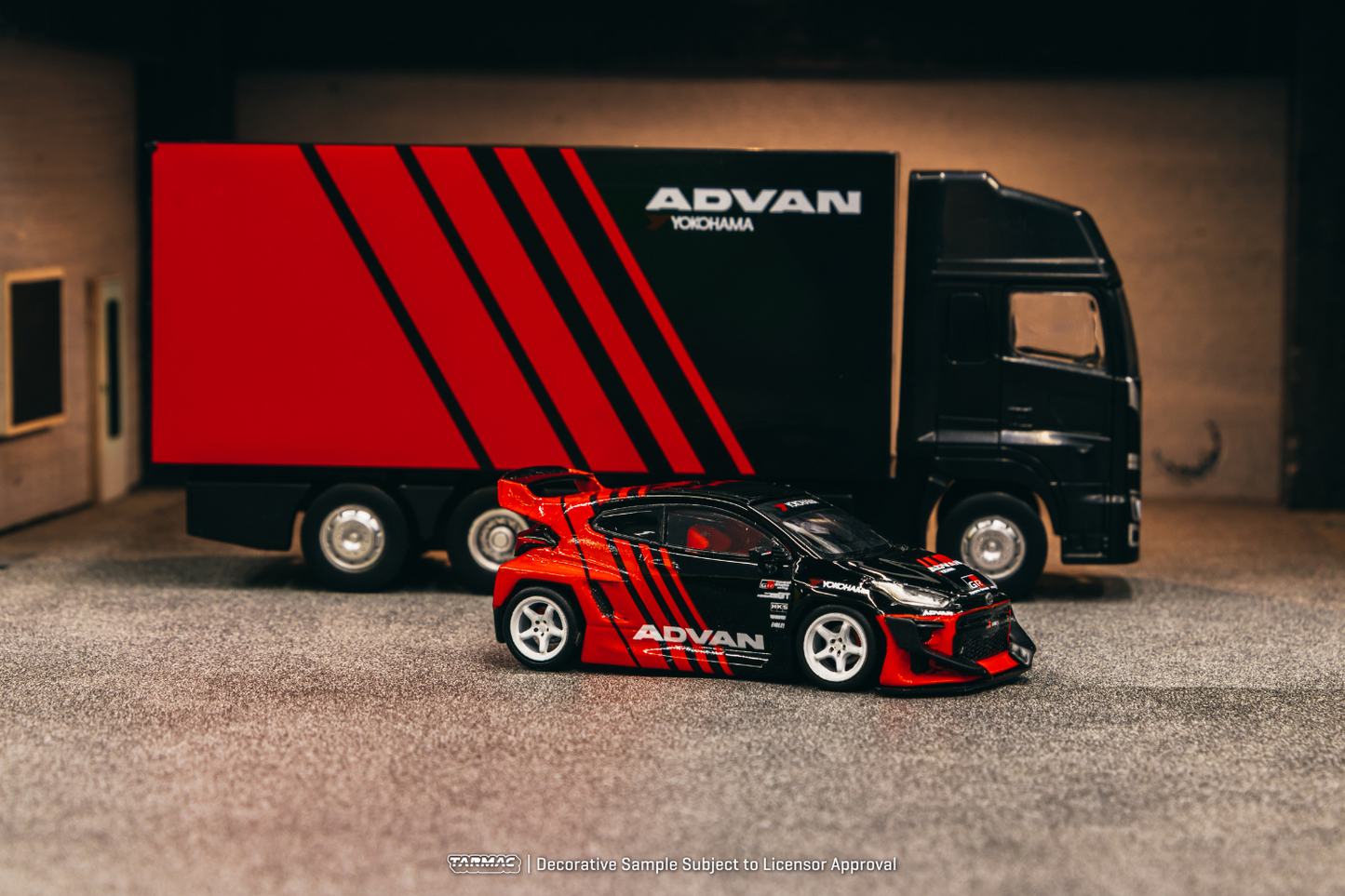Tarmac Works 1/64 Rocket Bunny Toyota GR Yaris Pandem Wide Body in Advan Livery With Truck Packaging