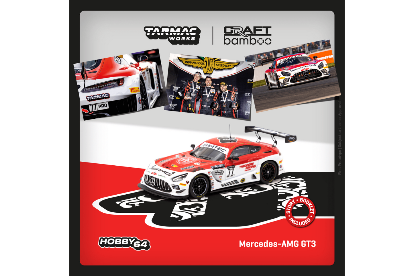 Tarmac Works 1/64 Mercedes-AMG GT3, Indianapolis 8 Hour 2022 Winner, Craft-Bamboo Racing, R. Marciello / D. Juncadella / D. Morad