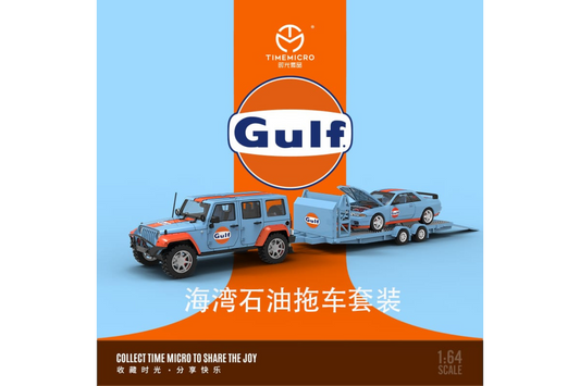 Time Micro 1/64 Nissan Skyline GT-R (R32) & Jeep Wrangler Trailer Set in Gulf Livery
