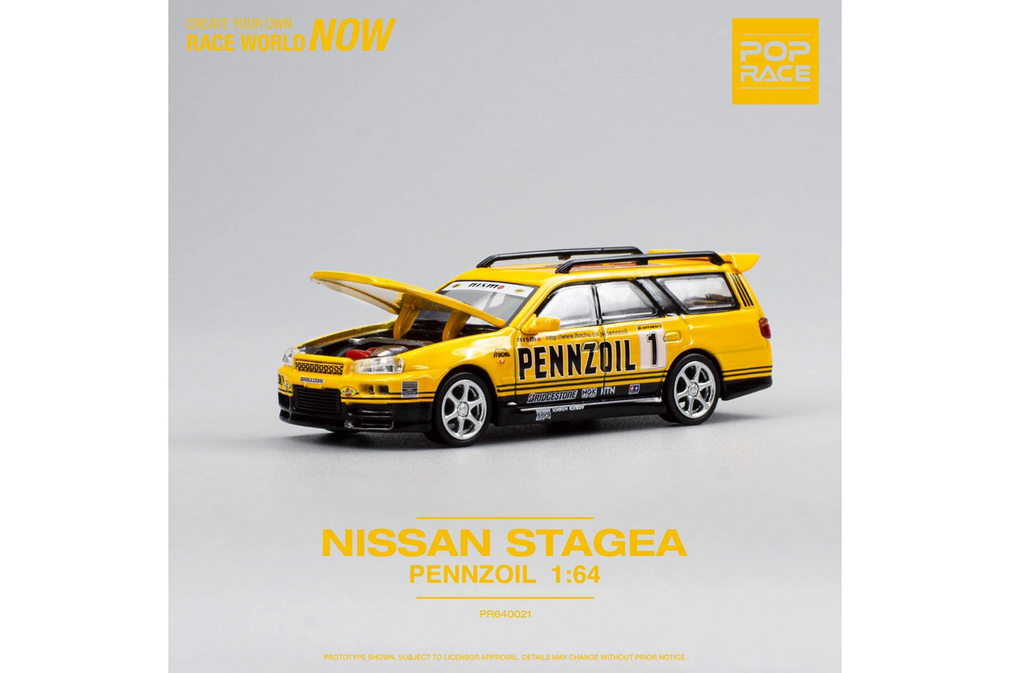 Pop Race 1/64 Nissan Stagea GT-R (R34) Wagon in Pennzoil Yellow Livery