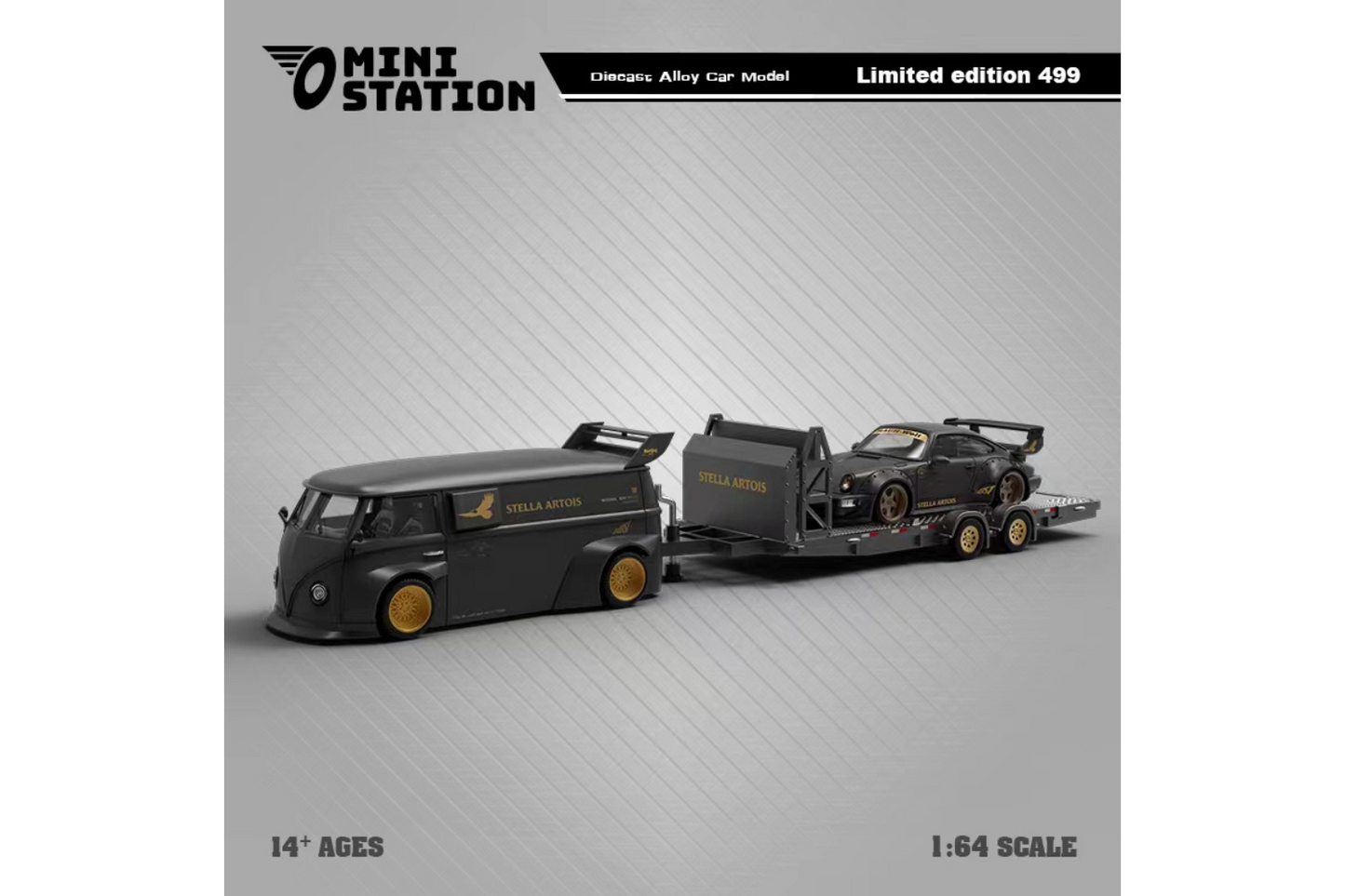 Mini Station 1/64 RWB VW T1 Van and Porsche 911 RWB964 Trailer Set in Stella Artois Livery