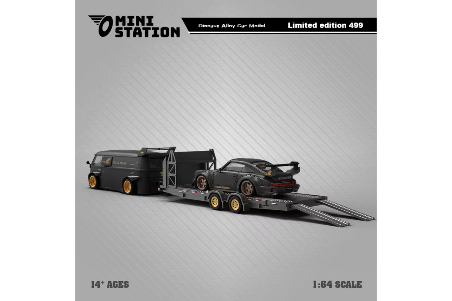 Mini Station 1/64 RWB VW T1 Van and Porsche 911 RWB964 Trailer Set in Stella Artois Livery