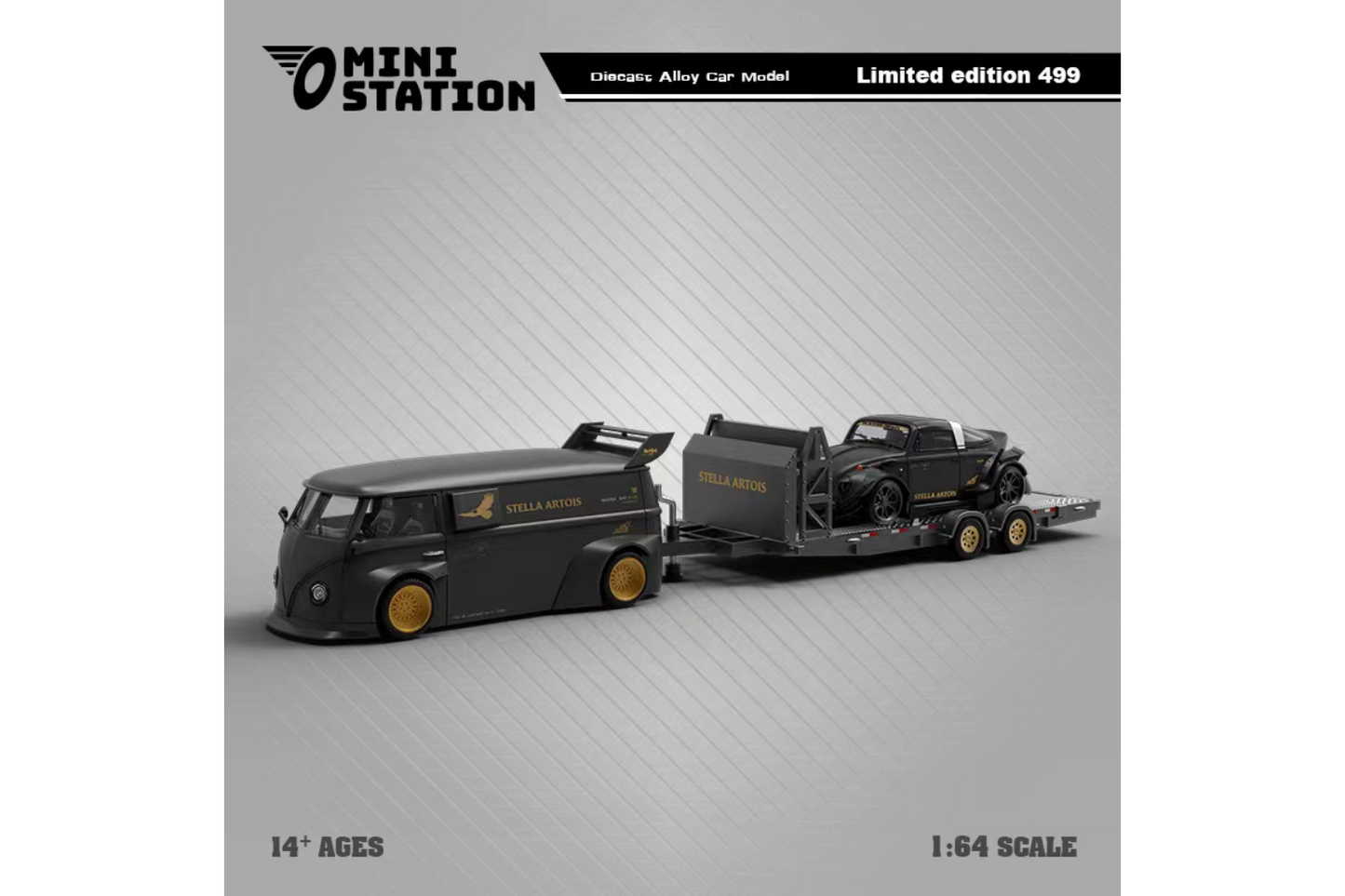 Mini Station 1/64 RWB VW T1 Van and RWB VW Beetle Targa Trailer Set in Stella Artois Livery