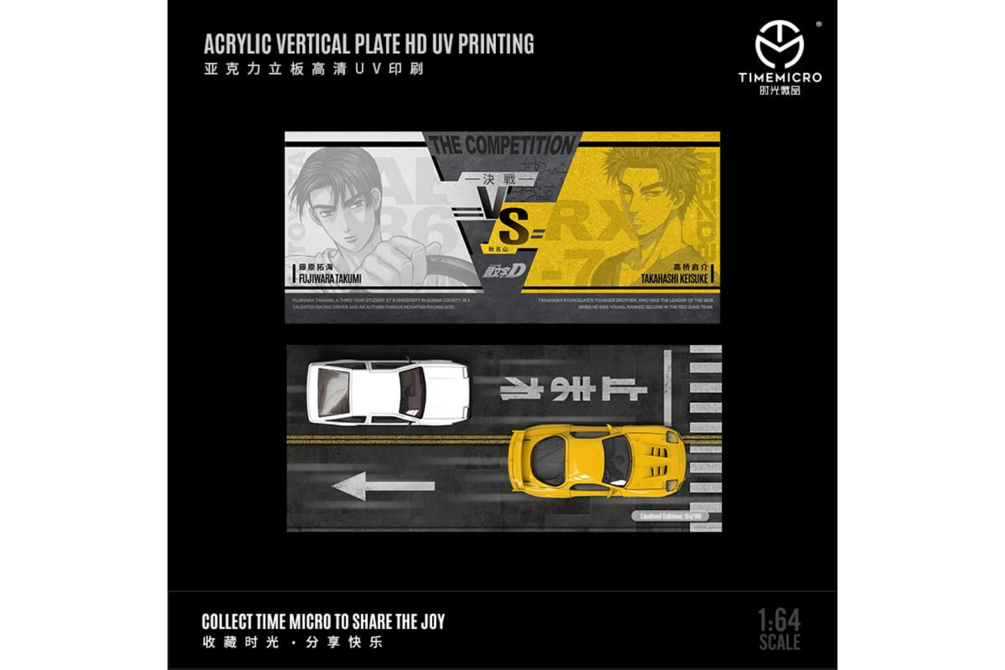 Time Micro 1/64 Initial D Series Toyota Sprinter Trueno (AE86) White Hood Takumi Fujiwara Vs Mazda RX-7 FD3S Takahashi Keisuke