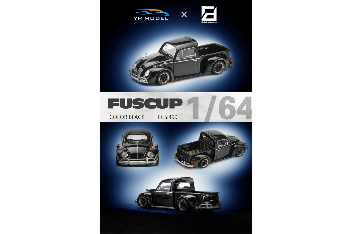YM Model x Robert Design 1/64 Volkswagen Pickup Truck Fuscup in Black