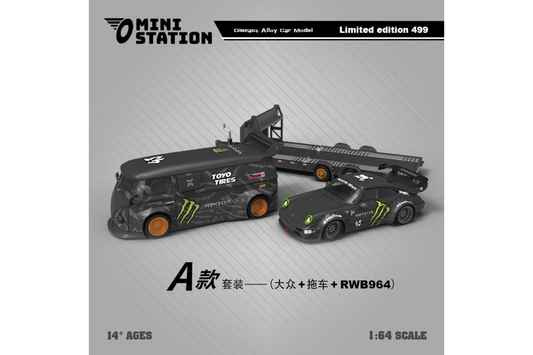 Mini Station 1/64 RWB VW T1 Van and Porsche 911 RWB964 Trailer Set in Monster Livery