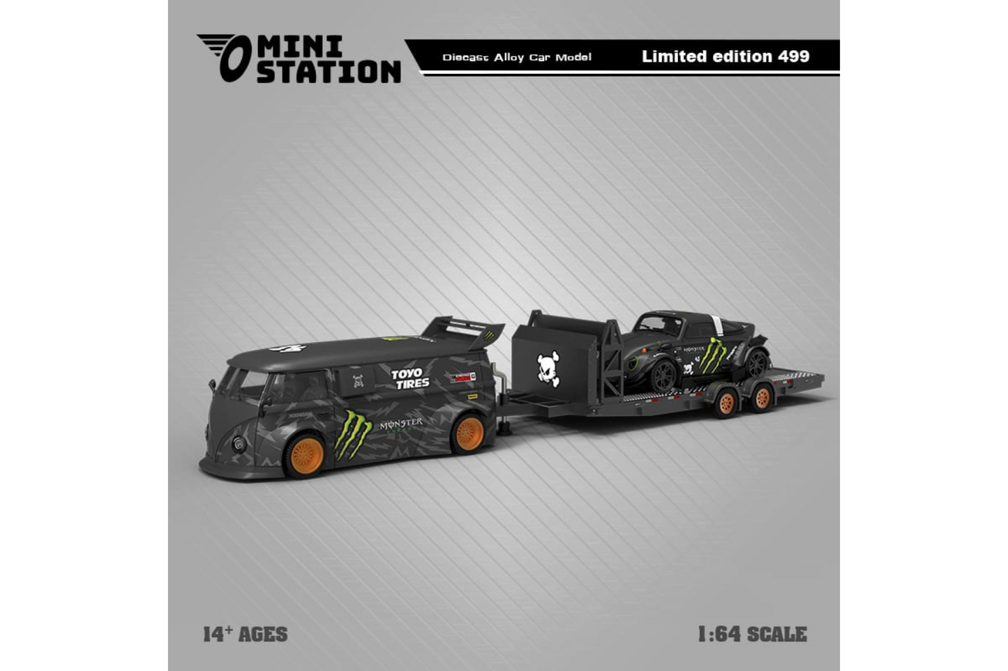 Mini Station 1/64 RWB VW T1 Van and RWB VW Beetle Targa Trailer Set in Monster Livery