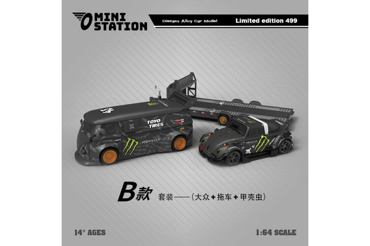 Mini Station 1/64 RWB VW T1 Van and RWB VW Beetle Targa Trailer Set in Monster Livery