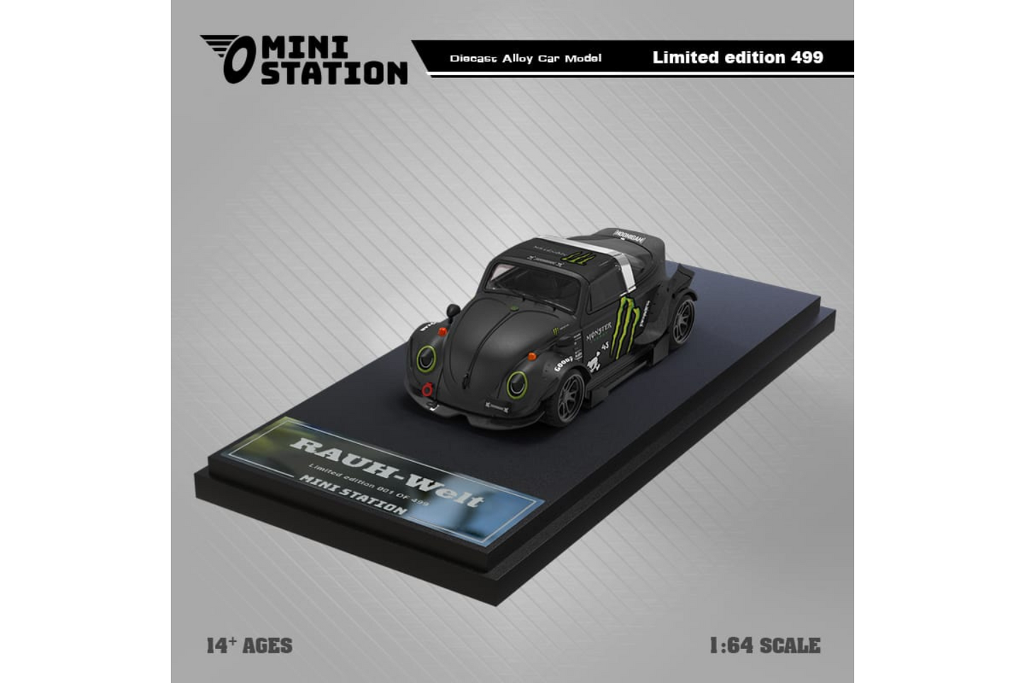 Mini Station 1/64 RWB VW T1 Van and RWB VW Beetle Targa Trailer Set in Monster Livery