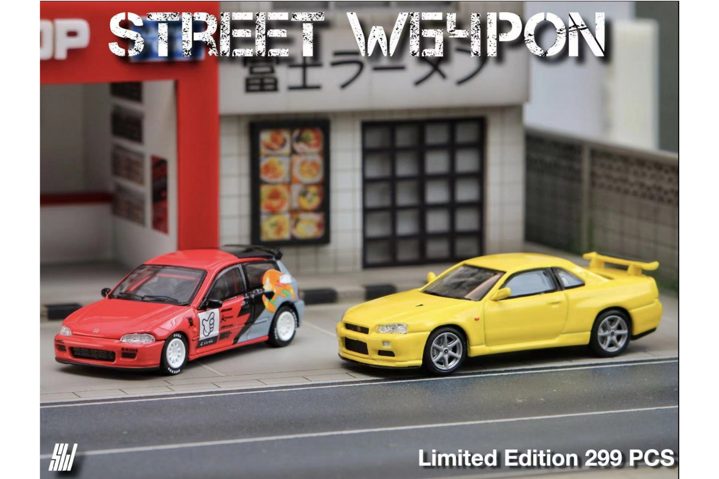Street Weapon 1/64 Honda Civic EG6 in Knuckles Livery - Nissan Skyline GT-R (R34) V-Spec II in Yellow