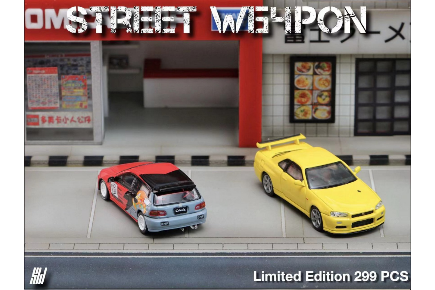 Street Weapon 1/64 Honda Civic EG6 in Knuckles Livery - Nissan Skyline GT-R (R34) V-Spec II in Yellow