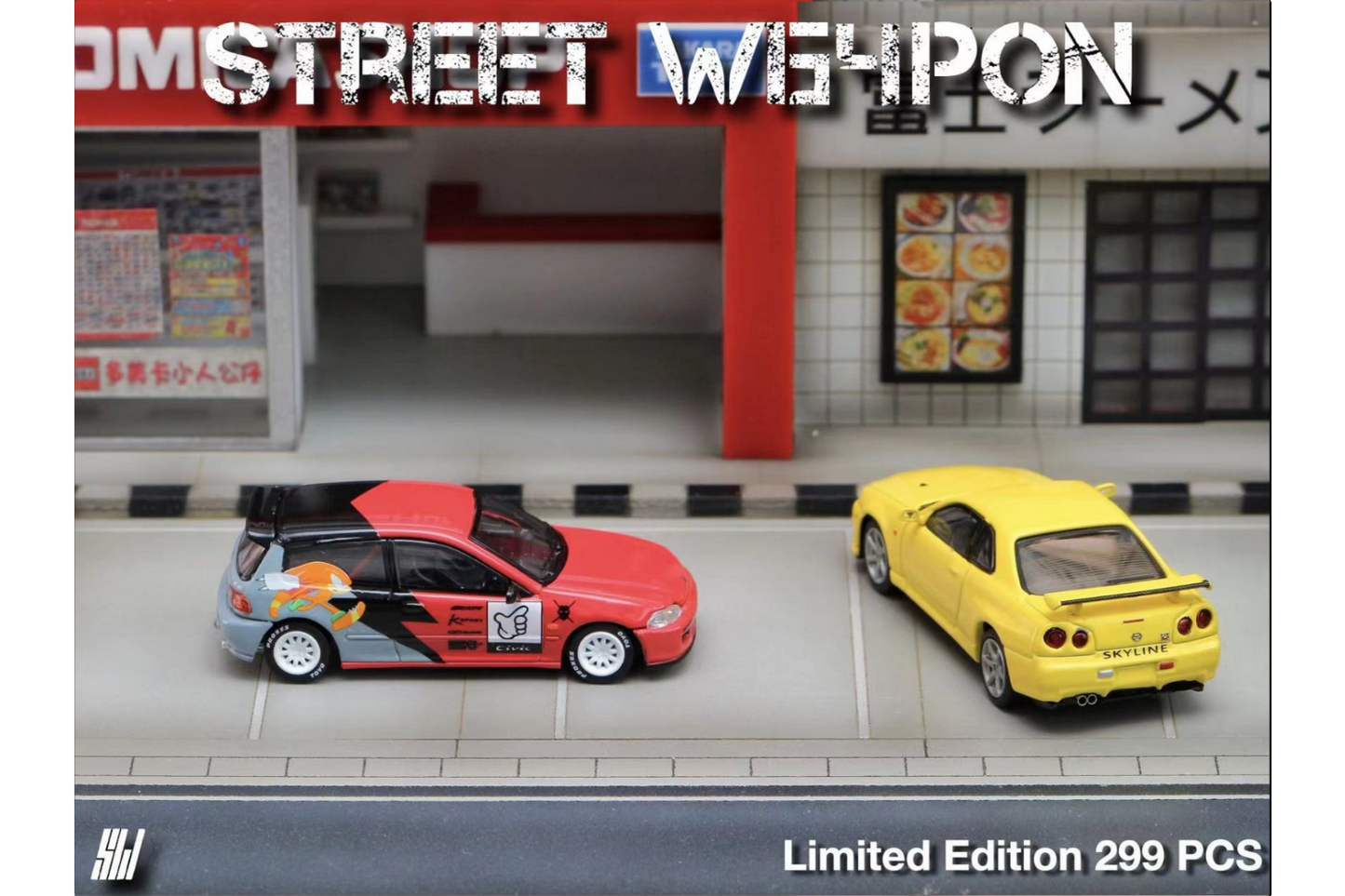 Street Weapon 1/64 Honda Civic EG6 in Knuckles Livery - Nissan Skyline GT-R (R34) V-Spec II in Yellow