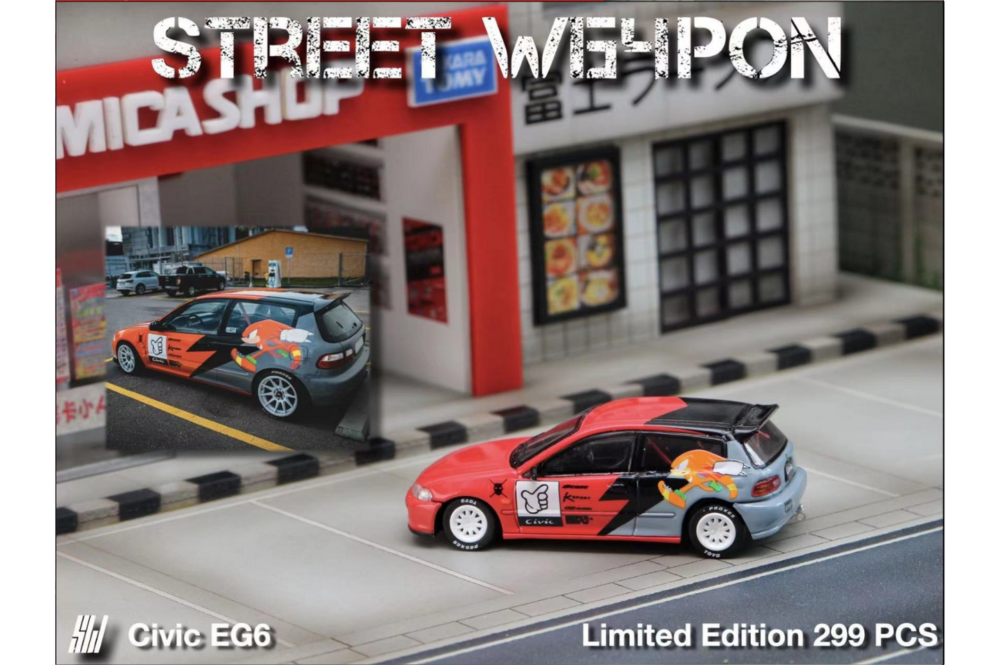 Street Weapon 1/64 Honda Civic EG6 in Knuckles Livery - Nissan Skyline GT-R (R34) V-Spec II in Yellow