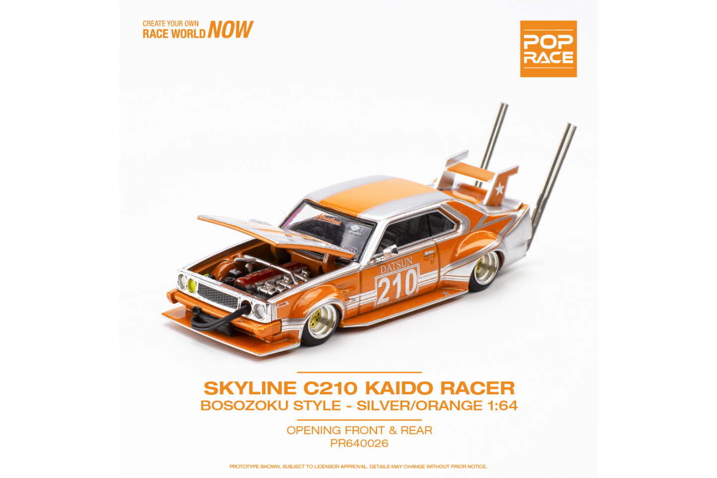 Pop Race 1/64 Nissan Skyline (C210) Bosozoku Style in Orange/Silver