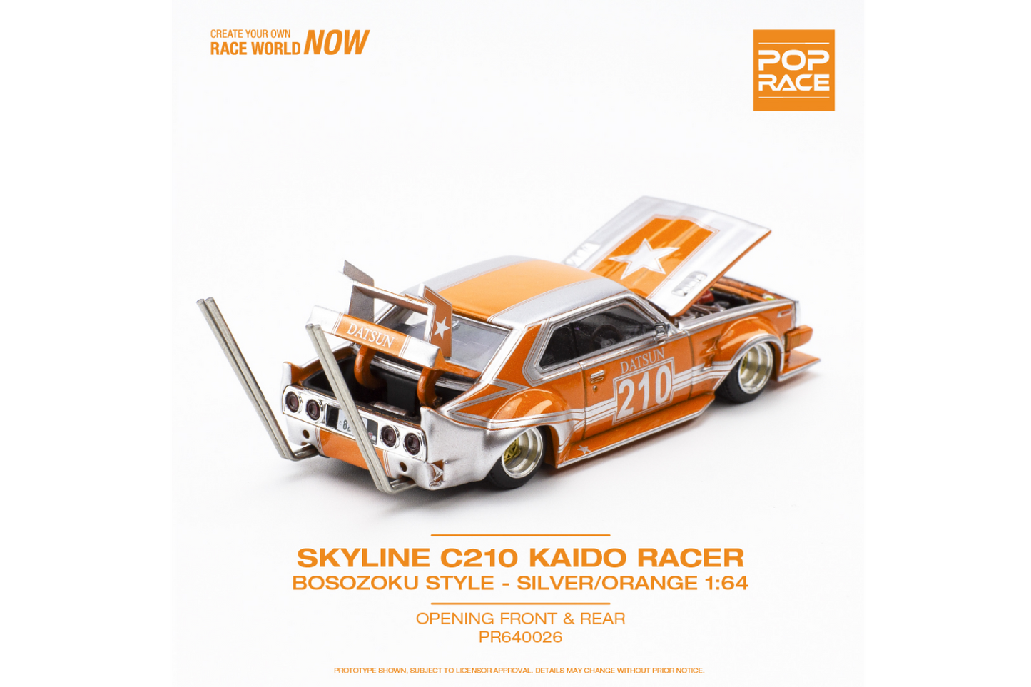 Pop Race 1/64 Nissan Skyline (C210) Bosozoku Style in Orange/Silver