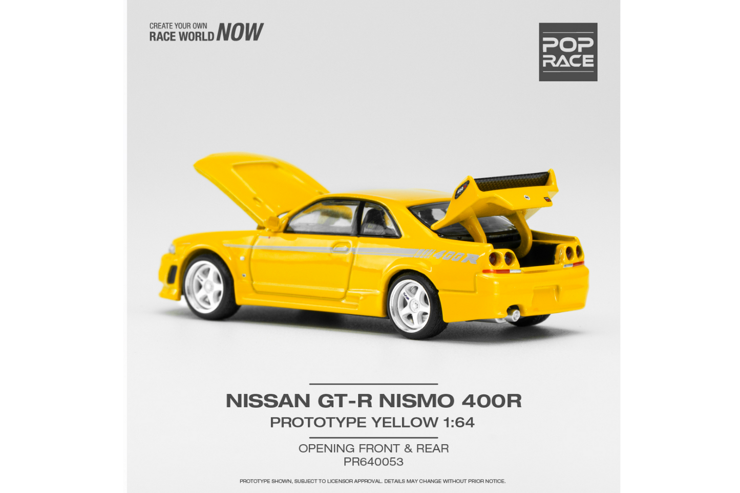 Pop Race 1/64 Nissan Skyline GT-R Nismo 400R (R33) in Prototype Yellow