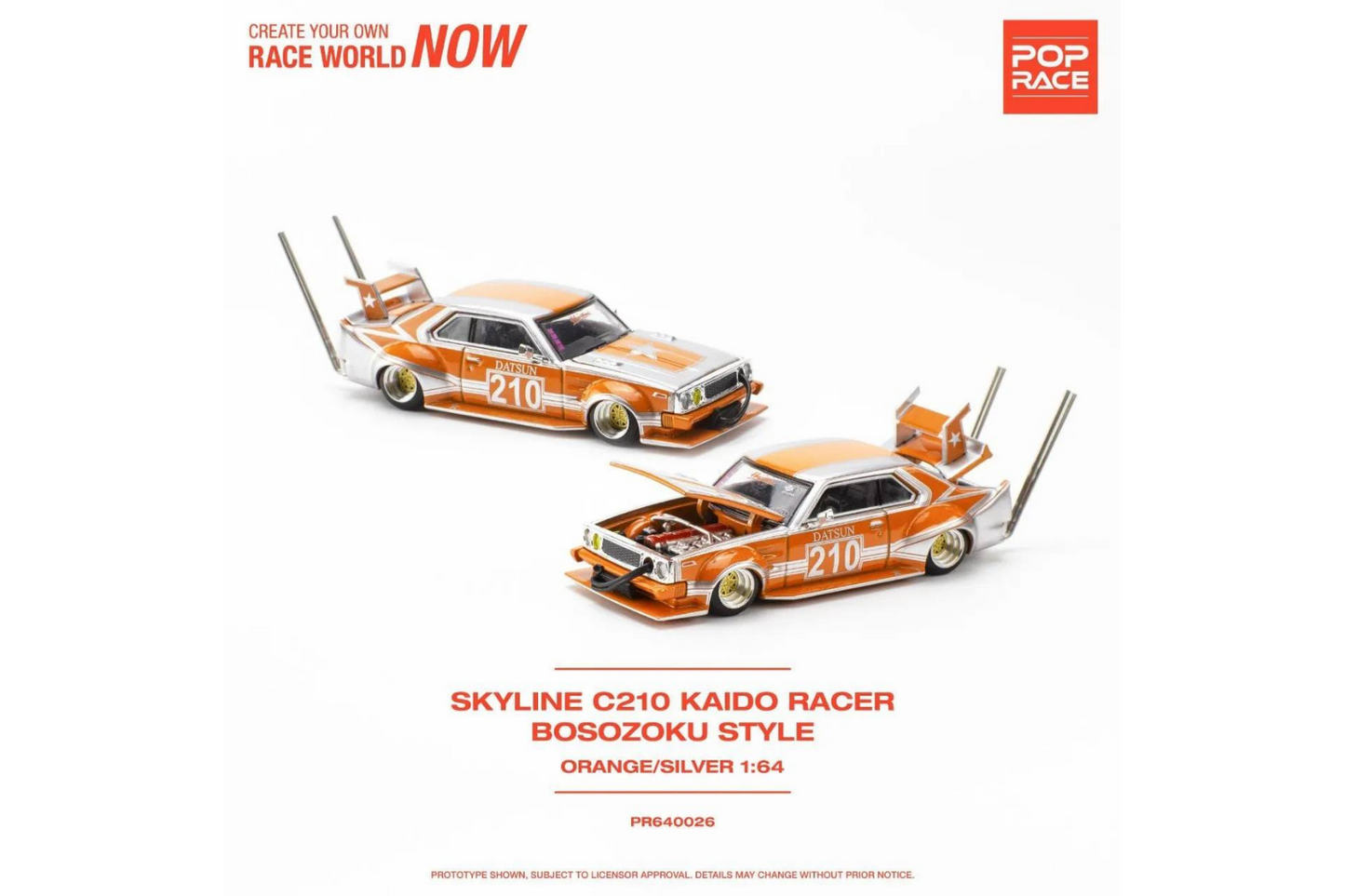 Pop Race 1/64 Nissan Skyline (C210) Bosozoku Style in Orange/Silver