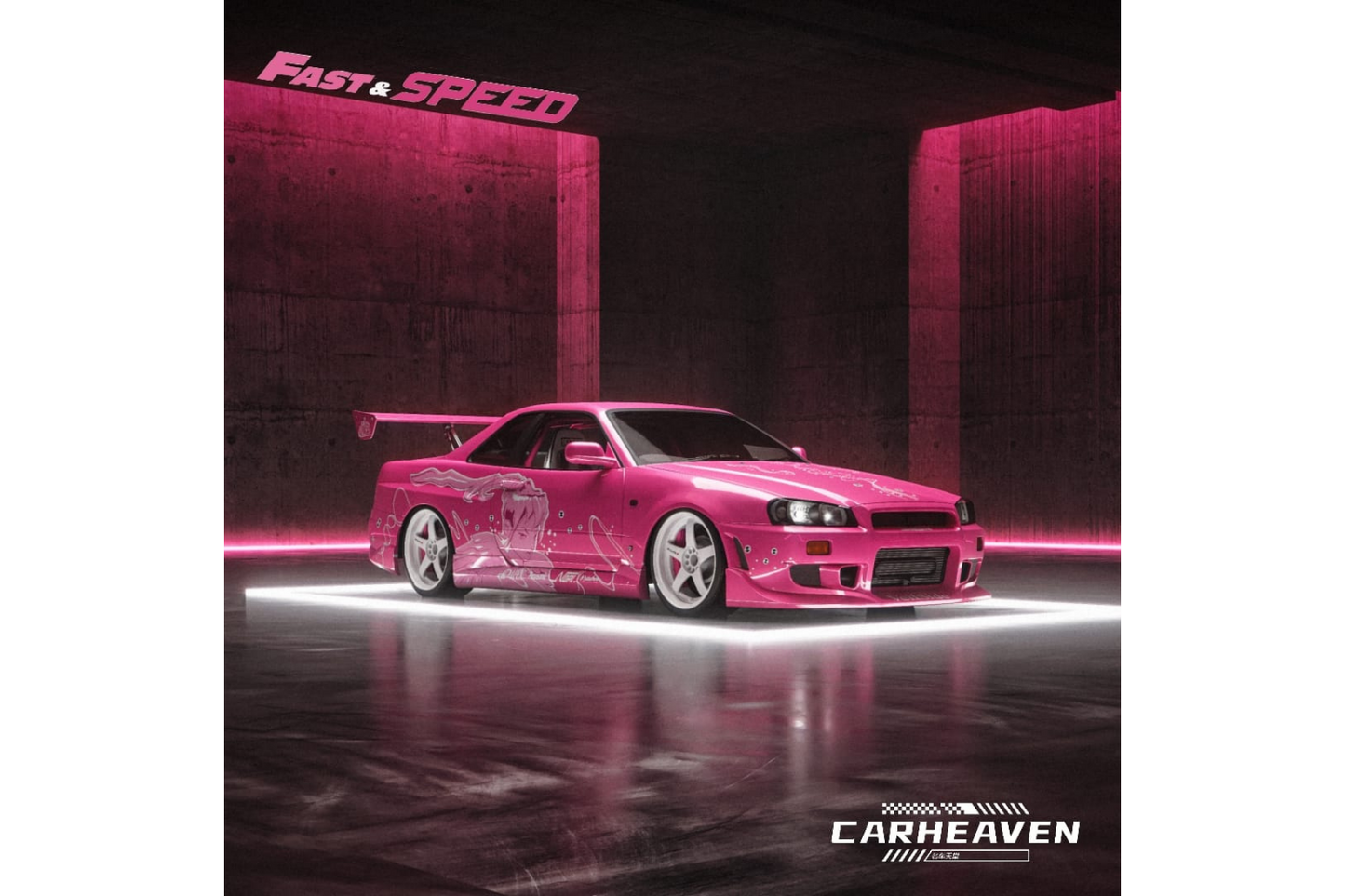 Fast Speed x Car Heaven 1/64 Nissan Skyline GT-R (R34) Z-Tune High Wing Edition Fast & Furious Pink Suki Livery