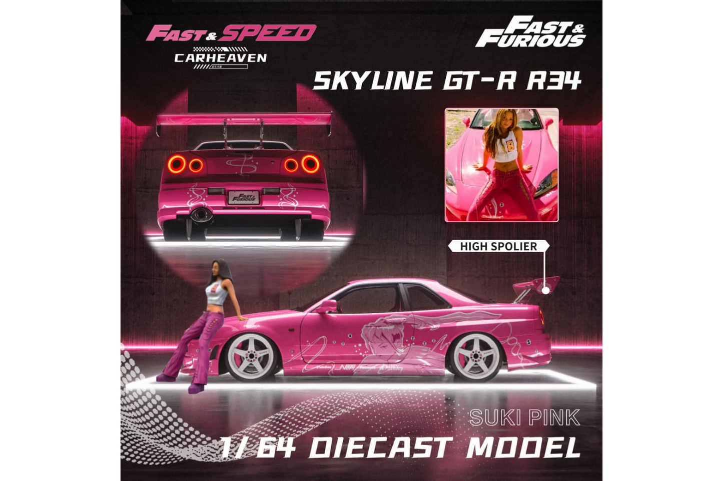 Fast Speed x Car Heaven 1/64 Nissan Skyline GT-R (R34) Z-Tune High Wing Edition Fast & Furious Pink Suki Livery