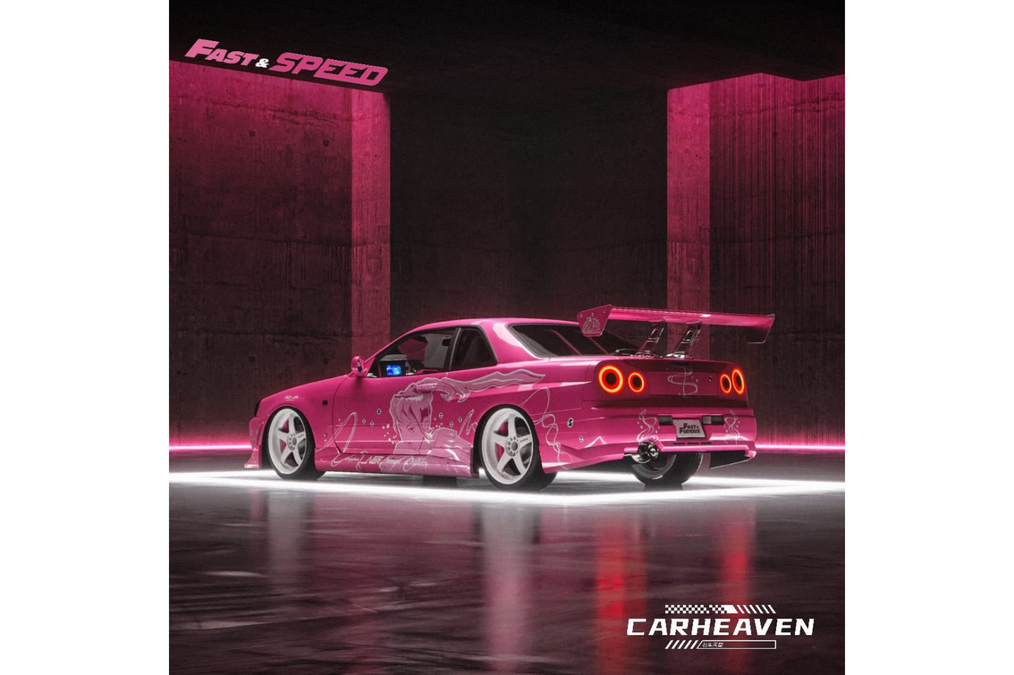 Fast Speed x Car Heaven 1/64 Nissan Skyline GT-R (R34) Z-Tune High Wing Edition Fast & Furious Pink Suki Livery