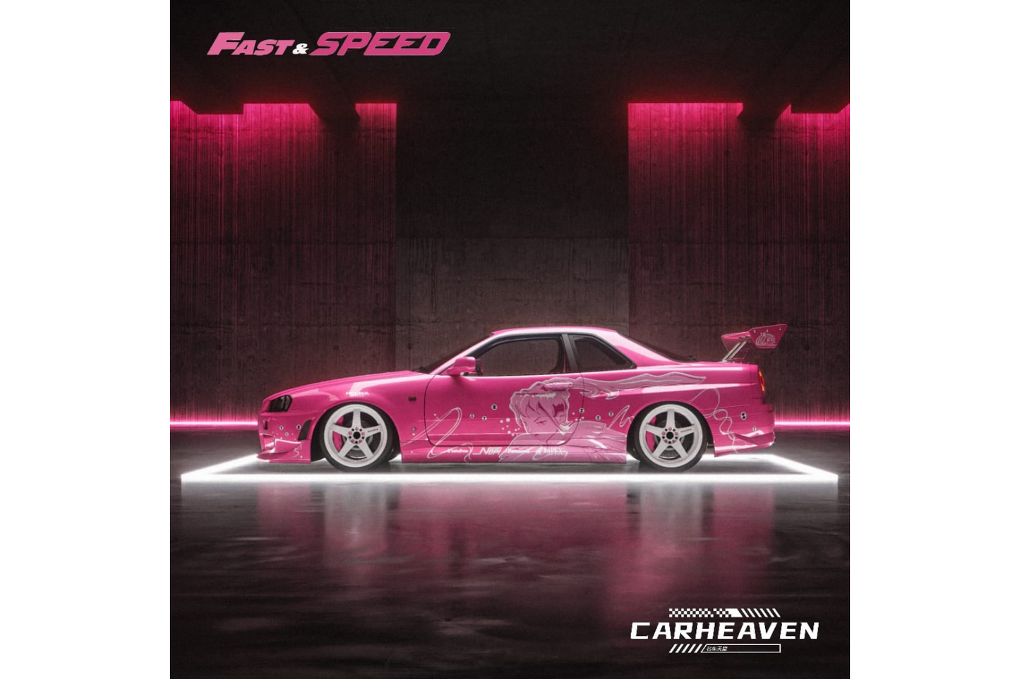 Fast Speed x Car Heaven 1/64 Nissan Skyline GT-R (R34) Z-Tune High Wing Edition Fast & Furious Pink Suki Livery