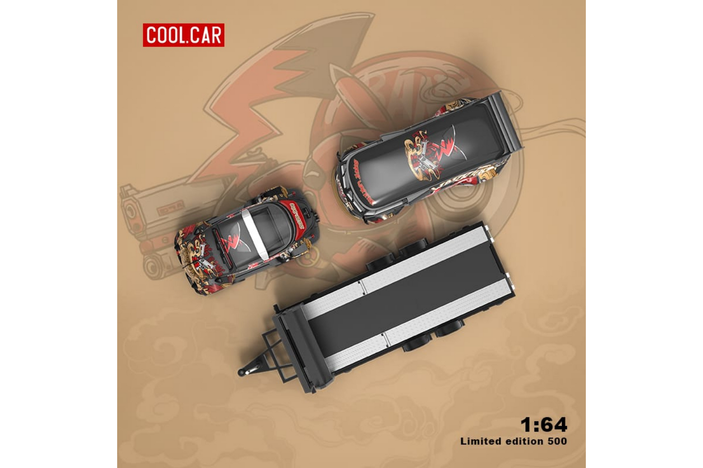 Cool Car 1/64 RWB VW T1 Van and RWB VW Beetle Targa Trailer Set in Deadpool Pikachu Livery