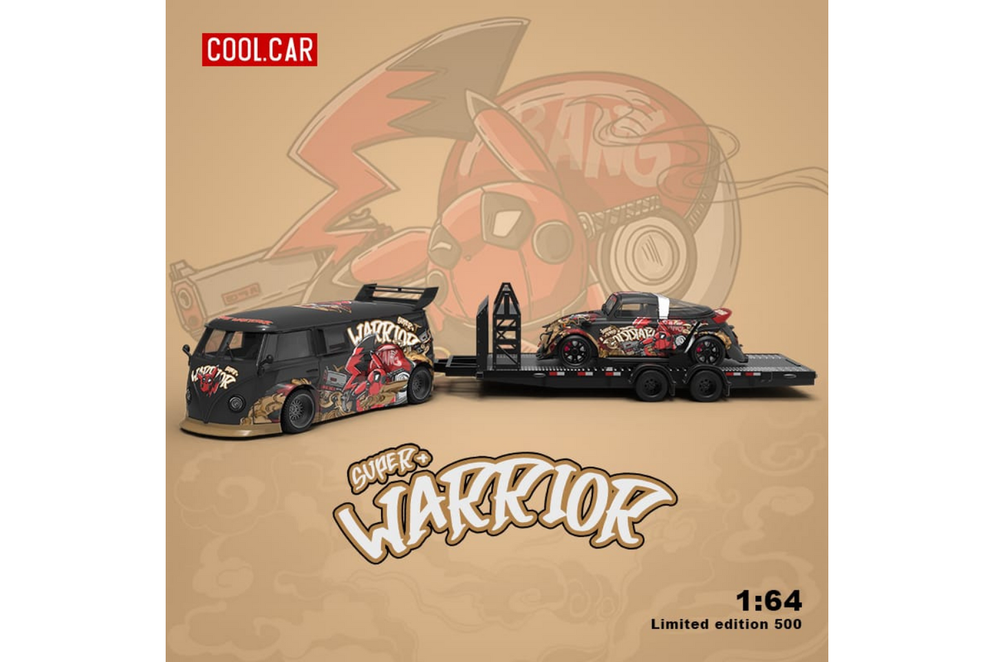 Cool Car 1/64 RWB VW T1 Van and RWB VW Beetle Targa Trailer Set in Deadpool Pikachu Livery