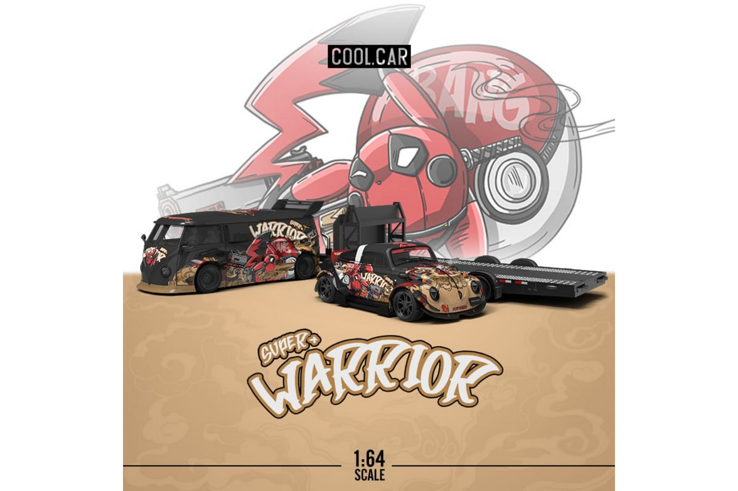 Cool Car 1/64 RWB VW T1 Van and RWB VW Beetle Targa Trailer Set in Deadpool Pikachu Livery