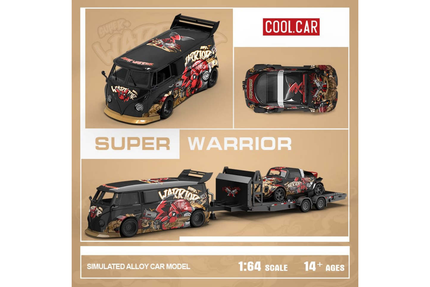 Cool Car 1/64 RWB VW T1 Van and RWB VW Beetle Targa Trailer Set in Deadpool Pikachu Livery