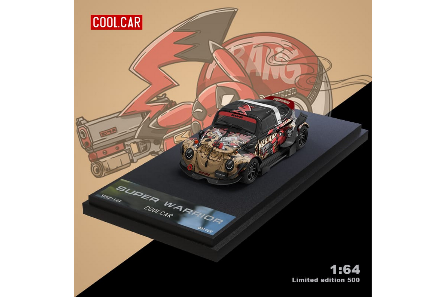 Cool Car 1/64 RWB VW T1 Van and RWB VW Beetle Targa Trailer Set in Deadpool Pikachu Livery