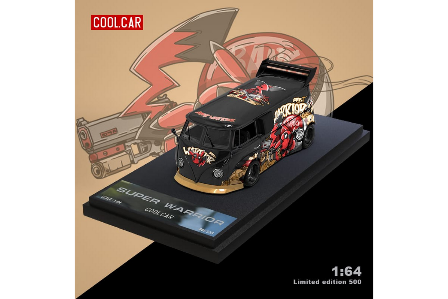Cool Car 1/64 RWB VW T1 Van and RWB VW Beetle Targa Trailer Set in Deadpool Pikachu Livery