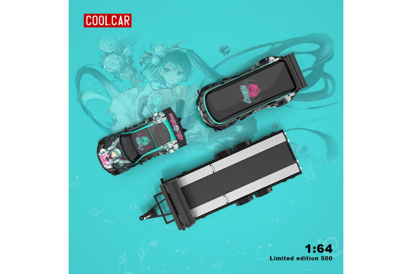 Cool Car 1/64 RWB VW T1 Van and Nissan 350z Trailer Set in Hatsune Miku Livery