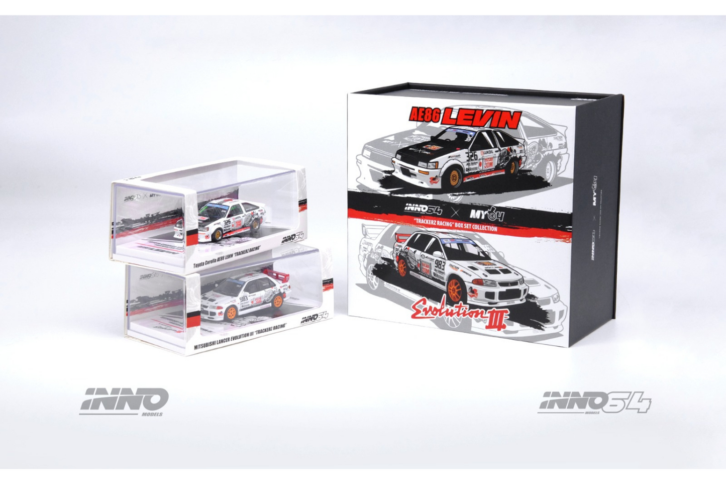 Inno64 Toyota Corolla (AE86 Levin) - Mitsubishi Lancer Evolution III "Trackerz Racing" Trackerz Fest Malaysia 2023 Event Model