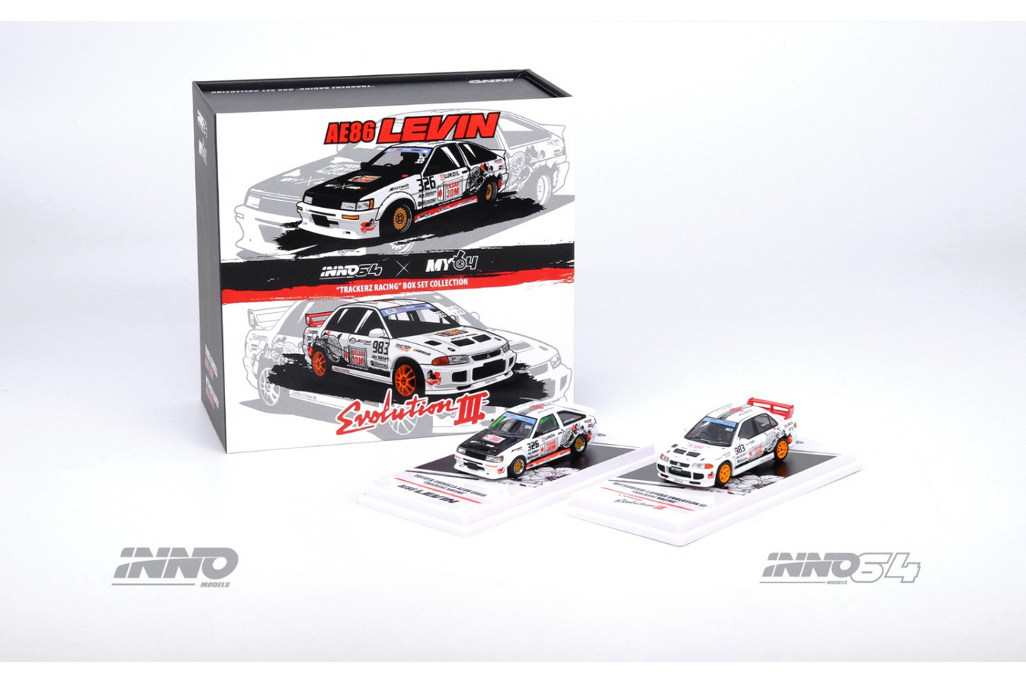 Inno64 Toyota Corolla (AE86 Levin) - Mitsubishi Lancer Evolution III "Trackerz Racing" Trackerz Fest Malaysia 2023 Event Model