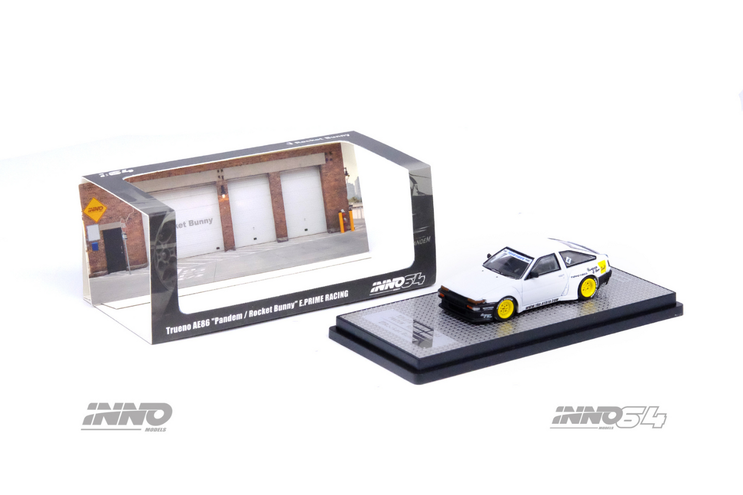 Inno64 Toyota Corolla Trueno (AE86) Pandem Rocket Bunny "E.Prime Racing" in White