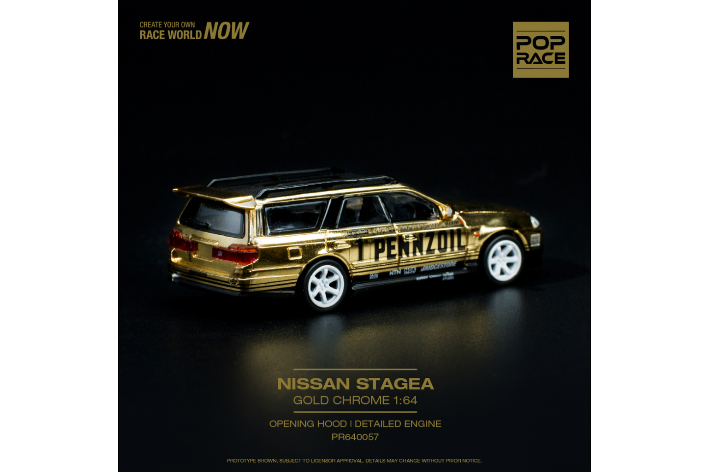 Pop Race 1/64 Nissan Stagea GT-R (R34) Wagon in Pennzoil Chrome Gold