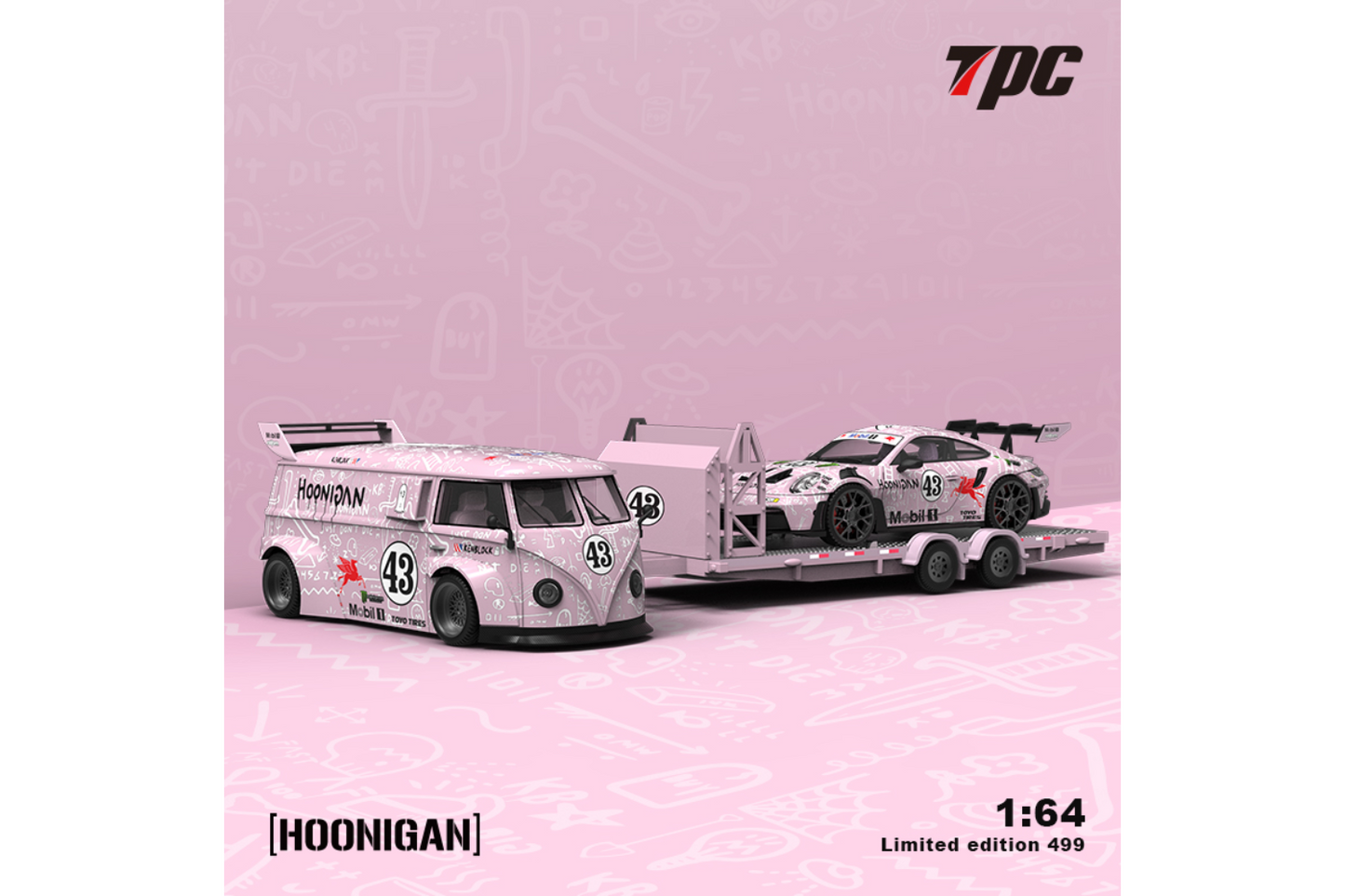 TPC 1/64 RWB VW T1 Van and Porsche 992 GT3 RS Trailer Set in Pink "Hoon" Livery