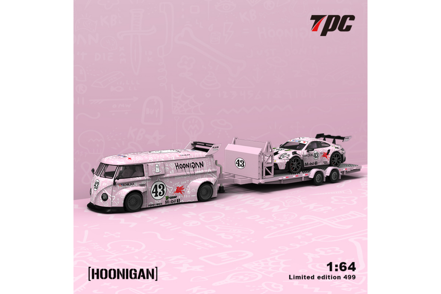 TPC 1/64 RWB VW T1 Van and Porsche 992 GT3 RS Trailer Set in Pink "Hoon" Livery