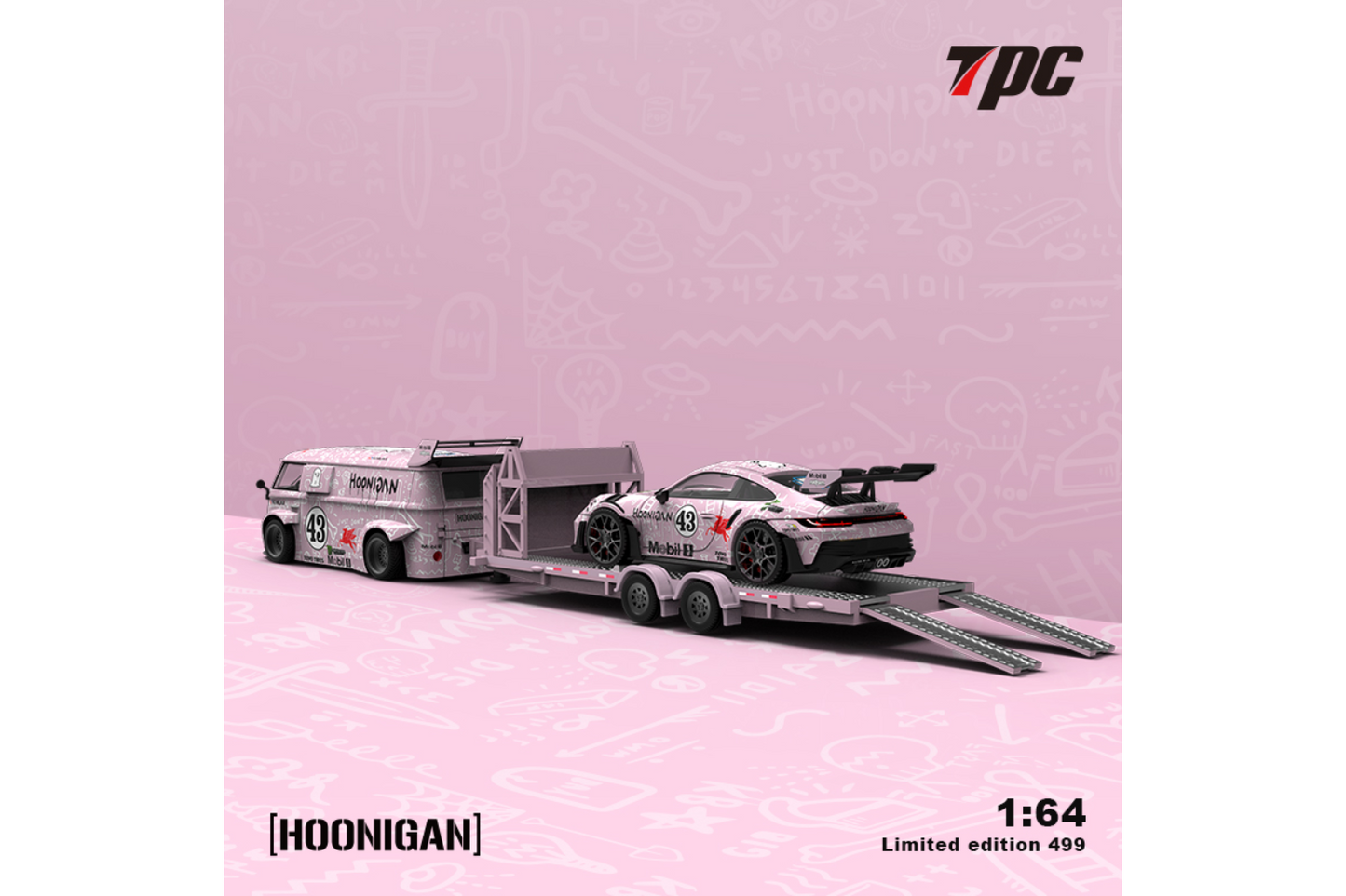 TPC 1/64 RWB VW T1 Van and Porsche 992 GT3 RS Trailer Set in Pink "Hoon" Livery