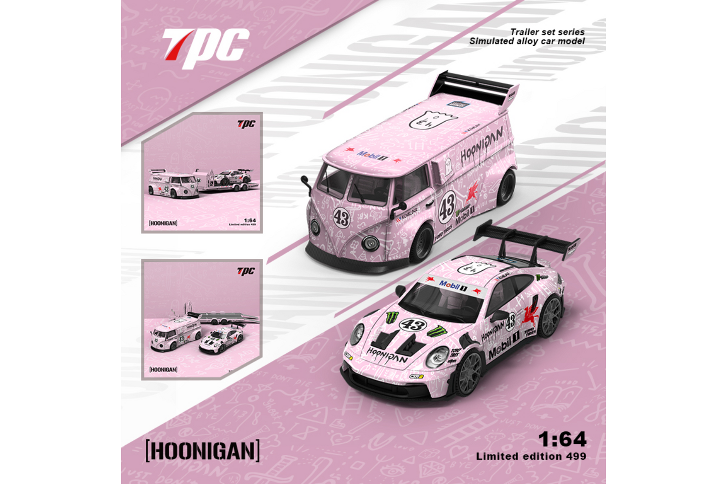 TPC 1/64 RWB VW T1 Van and Porsche 992 GT3 RS Trailer Set in Pink "Hoon" Livery