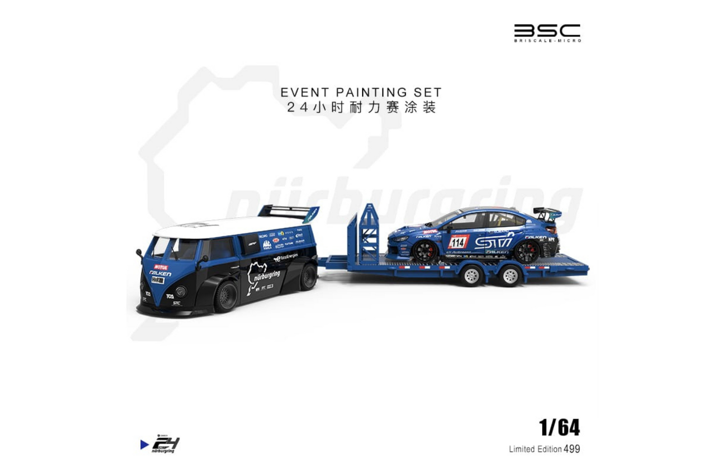 BSC 1/64 Subaru WRX STI - VW T1 Modified - Trailer & Repairmen Set in Subaru Event Livery